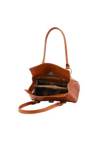 Borsa in pelle tan con una forma strutturata, caratterizzata da un esterno liscio, un interno foderato e più scomparti per l'organizzazione.