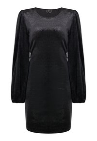 Robe noire en tissu scintillant et texturé ; dotée de manches longues et bouffantes ainsi que d'un col rond. Longueur courte avec une silhouette ajustée.