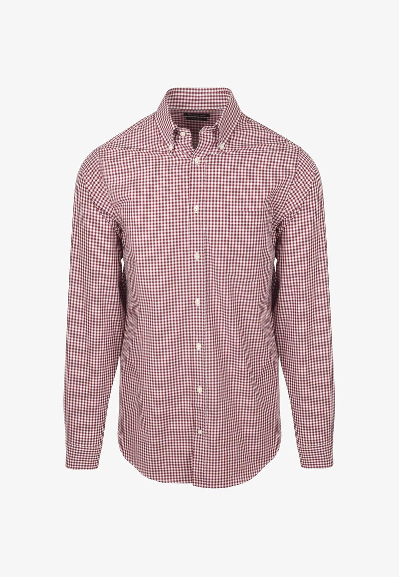 Ruitjes overhemd in rood en wit met lange mouwen, kraag en een enkele borstzak. Het heeft een klassieke pasvorm en is gemaakt van katoen.