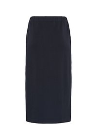 Jupe noire unie mi-genoux avec une taille élastique et sans motifs ni décorations visibles, présentée sur fond blanc.
