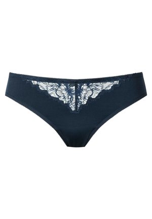 Ropa interior azul marino hecha de algodón, con un delicado patrón de encaje en la parte frontal y un borde con forma de onda a lo largo de la cintura.