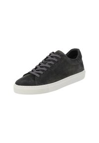 Sneaker grigia in suede con suola in gomma bianca, dotata di lacci grigi e una texture liscia. Nessun logo o motivo visibile. Design classico a profilo basso.
