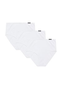 Białe bawełniane majtki w opakowaniu trzy sztuki. Wysoki stan z gładką teksturą i małą czarną metką logo na każdej parze.