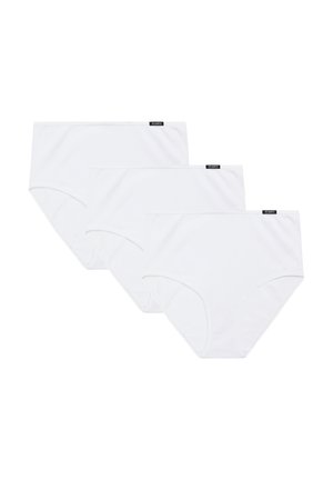 Białe bawełniane majtki w opakowaniu trzy sztuki. Wysoki stan z gładką teksturą i małą czarną metką logo na każdej parze.