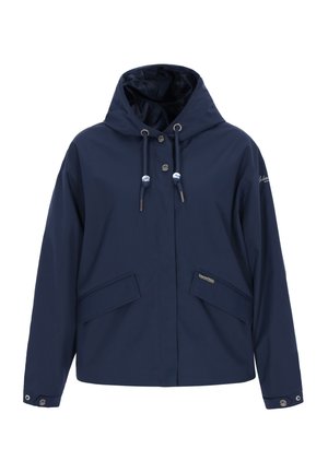 Granatowa kurtka z kapturem wykonana z wodoodpornego materiału, posiadająca dwie przednie kieszenie, zapięcie na sznurek oraz guziki.