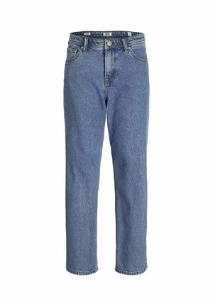 Jean en denim bleu avec une coupe droite, dotés de rivets en cuivre, d'une fermeture à bouton et d'un léger dégradé sur le tissu.