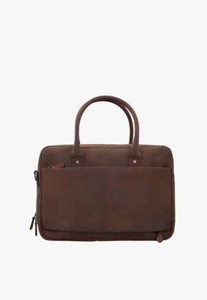 Ruskea nahkainen läppärilaukku, jossa on kaksinkertaiset kahvat, vetoketjullisia osastoja ja sileä pinta. Varustettu etutaskulla ja hienovaraisilla ompeluyksityiskohdilla.