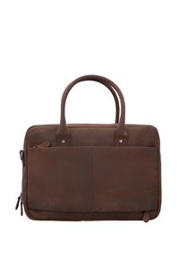 Smeđa kožna torba za laptop s dvostrukim ručkama, zatvorenim pretincima i glatkom teksturom. Ima prednji džep i suptilne šavove.