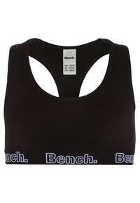 Soutien-gorge de sport noir avec un design dos nageur, doté d'une large bande élastique avec le logo "Bench." en blanc. Tissu doux sans rembourrage.