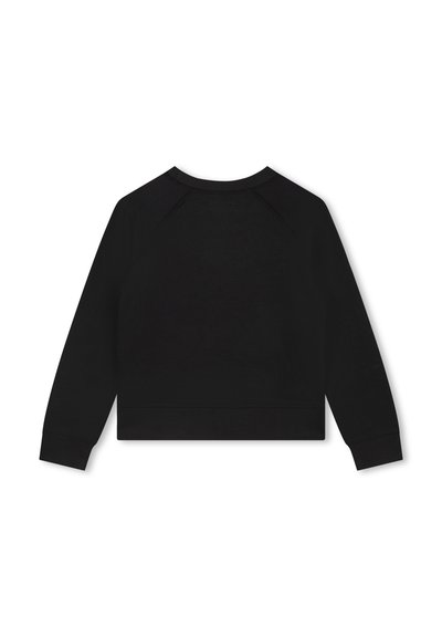 Zwarte cropped sweatshirt met lange raglanmouwen, een ronde halslijn en geribde manchetten. Glad textuur zonder zichtbare patronen of accenten.