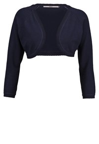 Marinblå kort cardigan med långa ärmar, öppen frontdesign och ribbad textur längs kanterna. Tillverkad av ett mjukt stickat material.