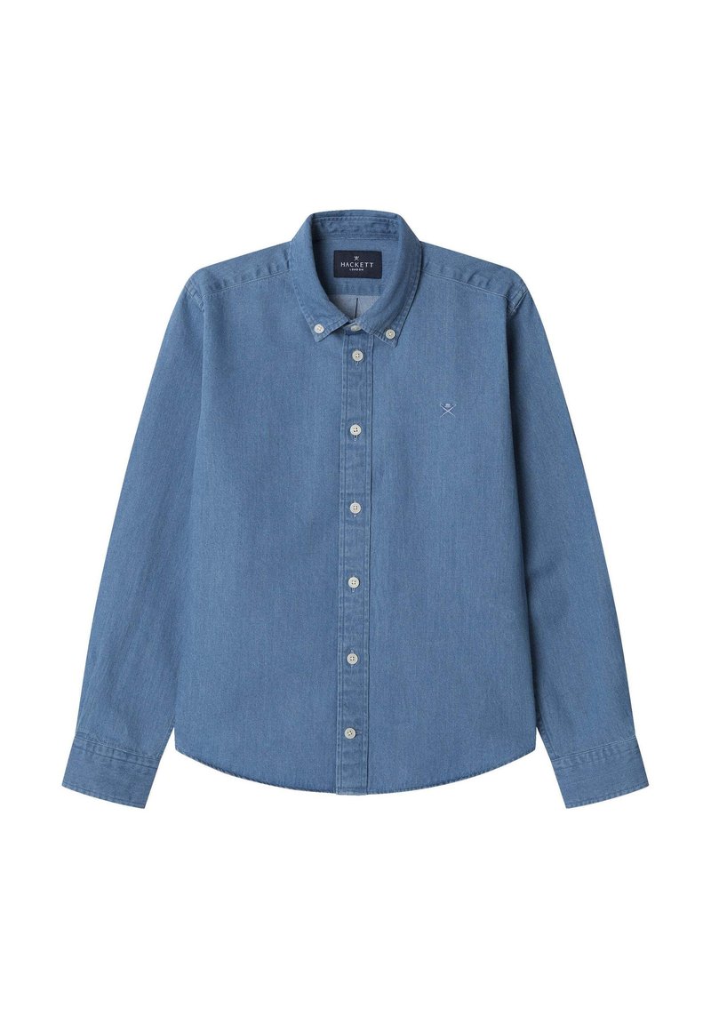 Camicia in denim azzurro chiaro con colletto classico, maniche lunghe e un piccolo logo sul petto. Tessuto morbido e vestibilità aderente.