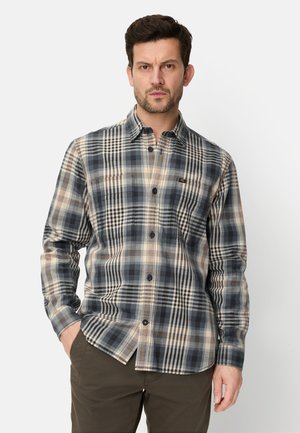 Kariertes Hemd mit Blau-, Beige- und Orangetönen, Button-Down-Kragen, zwei Brusttaschen und langen Ärmeln mit Knopfmanschetten.