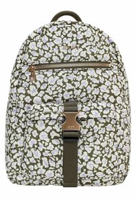 Zaino verde con motivo fantasia e dettagli bianchi e lavanda; presenta una tasca frontale con cerniera, una tracolla robusta e accessori in metallo.