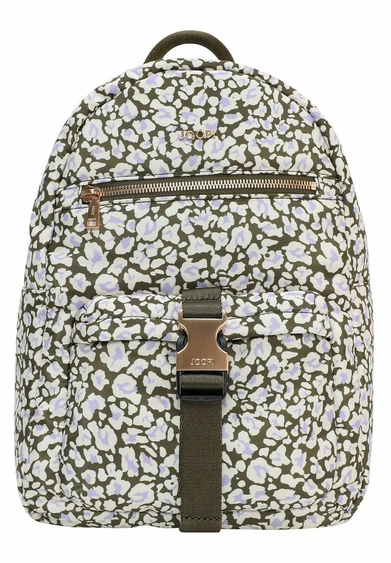 Zaino verde con motivo fantasia e dettagli bianchi e lavanda; presenta una tasca frontale con cerniera, una tracolla robusta e accessori in metallo.