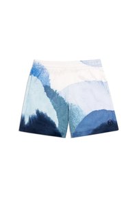 Plavkové šortky v akvarelovém designu s různými odstíny modré, vyrobené z lehké látky s elastickým pasem. Detail loga na lemu.