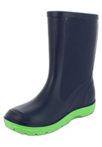 Bottes de pluie en caoutchouc bleu marine foncé avec une semelle extérieure verte. Présente une finition lisse et imperméable ainsi qu'un design d'ankle arrondi et simple. Convient aux conditions humides.