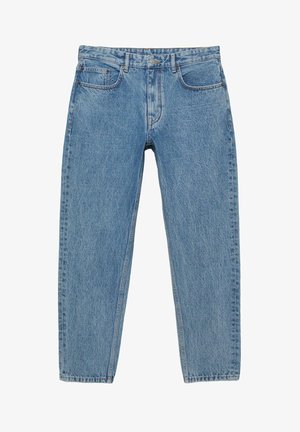 Világoskék egyenes szárú farmernadrág, ötlukú kialakítás, gombos és cipzáras záródás, valamint övcsatok.