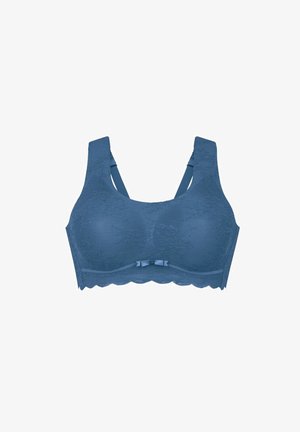 Blue lace bra with wide straps, scalloped edging, and a central bow detail. Smooth material with a textured floral pattern.