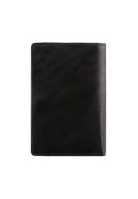 Porte-passeport en cuir noir avec une texture lisse, de forme rectangulaire et des bords cousus. Pas de marque visible ni d'embellissements.