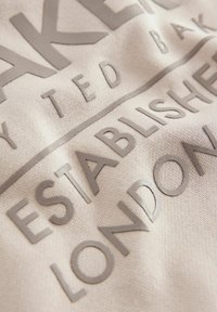 Beež kangas, millel on kergelt hall värv, millel on tekst "BAKERY TED BAKER LONDON ESTABLISHED." Tekstuuriga, pehme materjal koos peente mustritega.