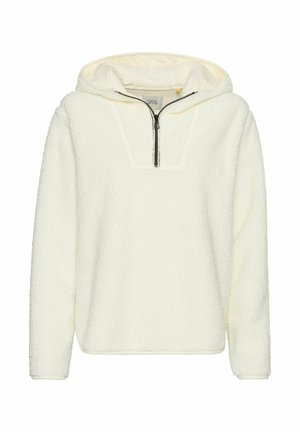 Fleece pullover in off-white, featuring a half-zip collar, hood, and textured fabric with a cozy appearance. Long sleeves with elastic cuffs.