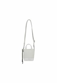 Piccola borsa a mano in pelle grigia chiara con due manici, tracolla regolabile e pannello inferiore texturizzato. Presenta un accento annodato.