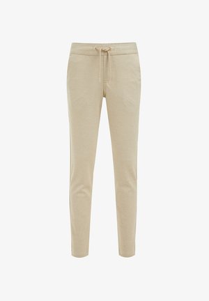 Pantalones beige de corte ajustado con cintura elástica y cordón, con una textura suave y perneras cónicas.