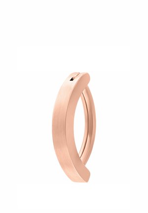 Rose gold hoop earring with a smooth, slightly curved rectangular design and a hinged clasp closure.
