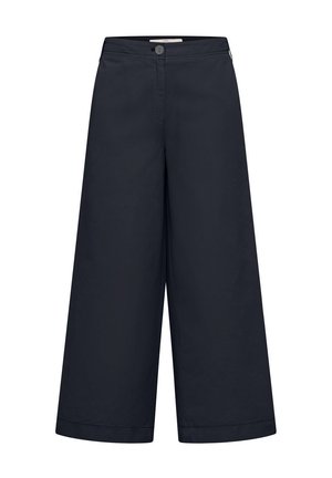 Wide-leg black trousers with button and zip closure, high waist, and straight hem.