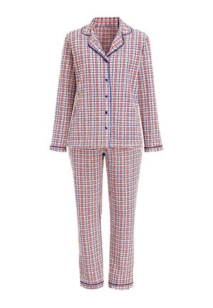 Ensemble pyjama avec haut boutonné à manches longues et pantalon longueur totale avec motif à carreaux rouge, blanc et bleu et passepoil bleu foncé sur les bords.