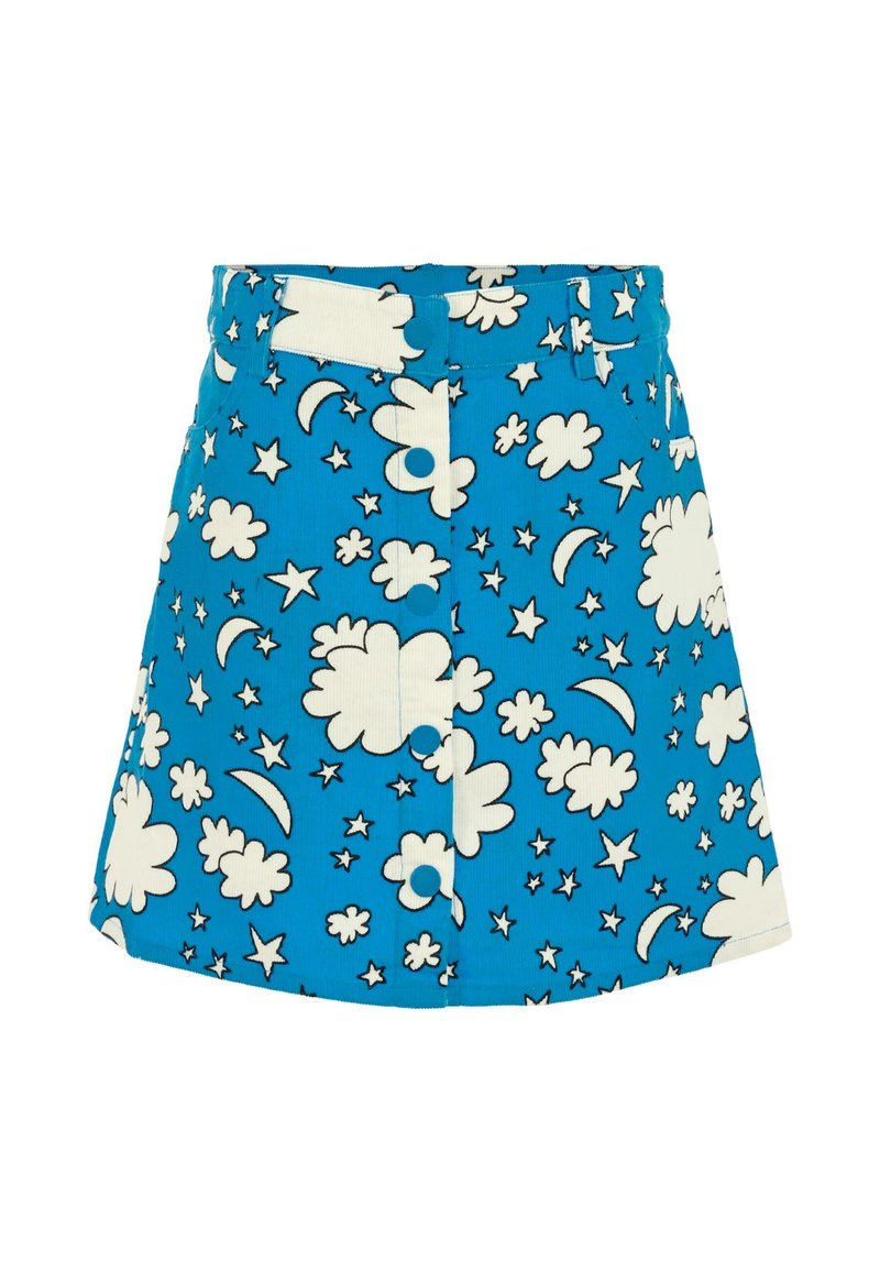 Jupe en velours côtelé bleu avec des motifs de nuages blancs, d'étoiles et de lune croissante. Équipée d'une fermeture à bouton et de passants de ceinture.
