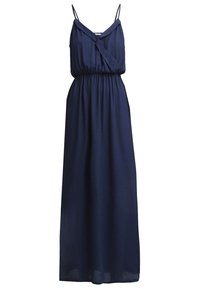 Robe longue bleu marine sans manches avec fines bretelles, corsage décolleté en V style portefeuille et taille élastique.