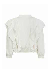 Blusa bianca con maniche a volant e schiena, realizzata in tessuto testurizzato. Presenta un colletto e polsini con bottoni, offrendo un design con vestibilità ampia.