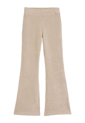 Beige, gerippte, ausgestellte Hose mit einem elastischen Bund und schmalem Schnitt an den Oberschenkeln. Weicher Stoff mit senkrechten Streifen und gesäumten Kanten.