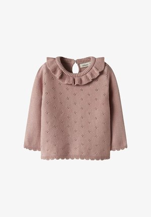 Pink knitted sweater with a ruffled collar, long sleeves, and scalloped hem. The texture features tiny, raised heart patterns throughout.
