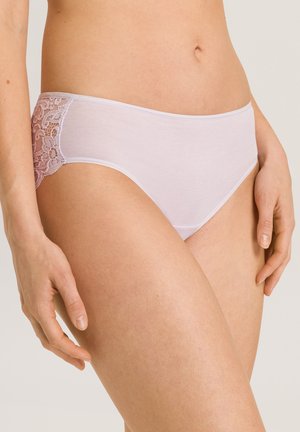 Light pink brief with smooth fabric and floral lace accents on the sides, featuring a soft elastic waistband and seamless design.