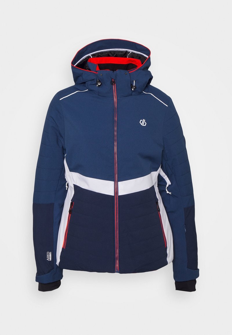 Navy blue jacket with white and red accents. Features a hood, zippered front, and textured panels on sleeves. Waterproof material.