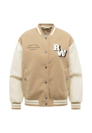 Beige og creme varsityjakke med trykknapper, stribede manchetter, to forlommer og "RW 1997" mærke på brystet.