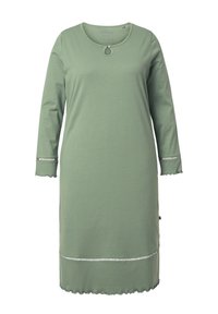 Vihreä, pitkähihainen mekko, valmistettu pehmeästä puuvillasta. Mekossa on pyöreä pääntie, jossa on napit, sekä aaltoilevat reunat pitsikoristein hihoissa ja helmassa.