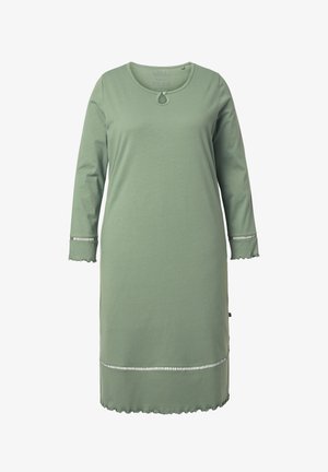 Grøn kjole med lange ærmer lavet af blød bomuld, med rund halsudskæring med knapdetalje og bølget kant med blonder ved ærmer og kant.