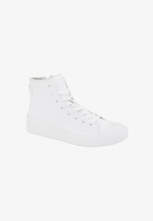 Sneaker alte bianche realizzate in materiale sintetico liscio, con punta rotonda, lacci piatti e suola in gomma testurizzata con un motivo a spina di pesce.