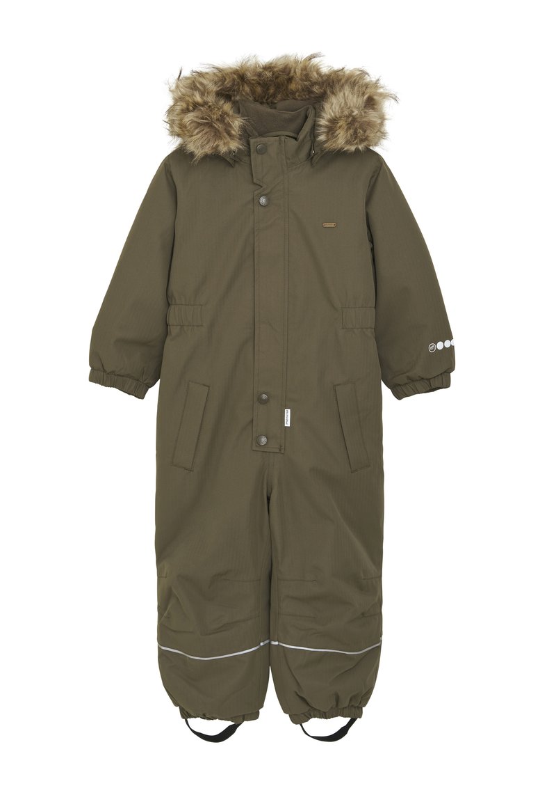 Olivgrüner Schneoverall mit einem mit Kunstpelz gefütterten Kapuze, zwei Fronttaschen, elastischen Bündchen und reflektierenden Akzenten an den Knöcheln. Ideal für kaltes Wetter.