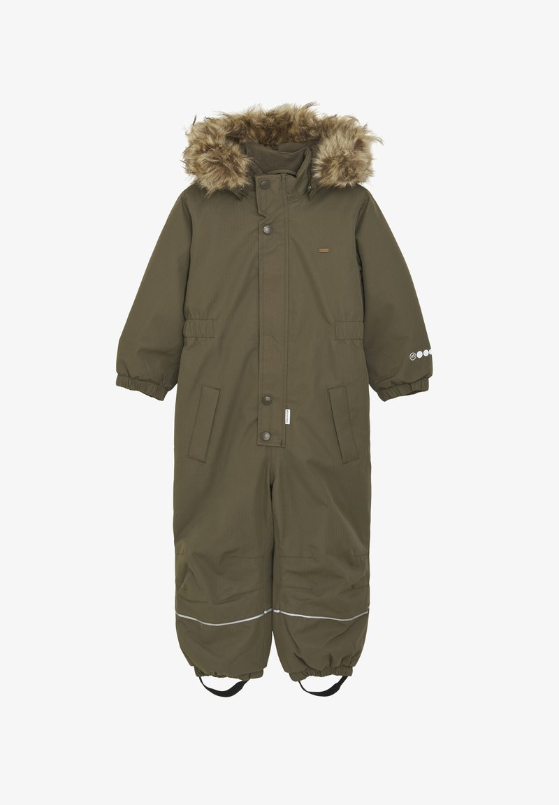 Oliwkowy kombinezon narciarski z kapturem wykończonym sztucznym futrem, dwoma przednimi kieszeniami, elastycznymi mankietami oraz odblaskowymi akcentami przy kostkach. Idealny na chłodne dni.