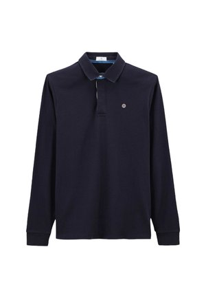 Polo à manches longues marine en coton, avec un col à boutons, un détail contrastant à l'intérieur du col, et un petit logo sur la poitrine.