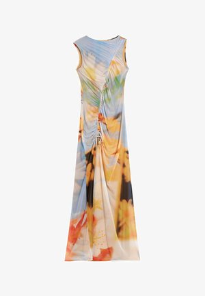 Robe longue sans manches avec fronces latérales et lien réglable, présentant un motif floral coloré aux tons doux de bleu, jaune, orange et vert.