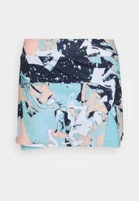 Flerfärgad idrottsskort med ett geometriskt abstrakt mönster i marinblått, mintgrönt och persikofärgat, tillverkat av lätt och elastiskt material.