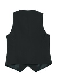 Svart ärmlös väst med en figursydd design, med en V-formad bakre fåll och en slät yta. Inga synliga metalldetaljer eller mönster.