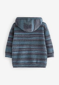 Hoodie aus weichem Material mit horizontalen Streifen in Blau- und Grautönen. Lässiger Schnitt mit langen Ärmeln und einer gemütlichen Kapuze.