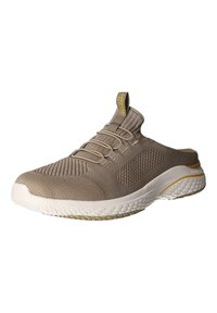Beige Slip-On-Sneaker mit einem strukturierten Strick-Obermaterial, elastischen Schnürsenkeln und weißer Gummisohle, ausgestattet mit einer gelben Zuglasche für ein einfaches Anziehen.